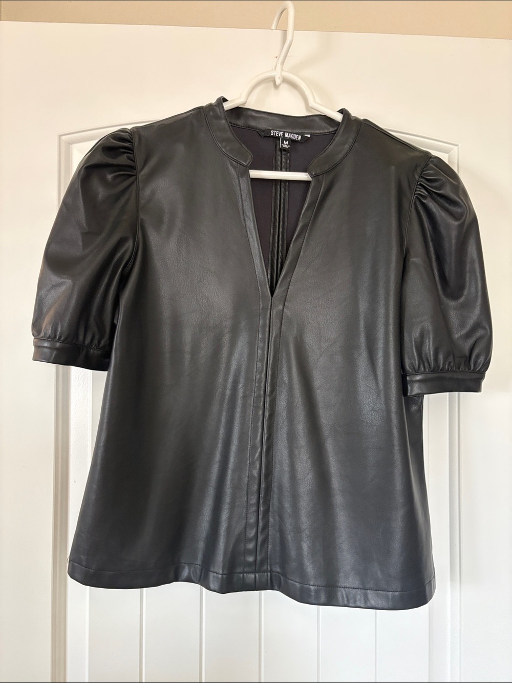 Steve Madden Black Faux Leather V-Notch Puff Sleeve Top